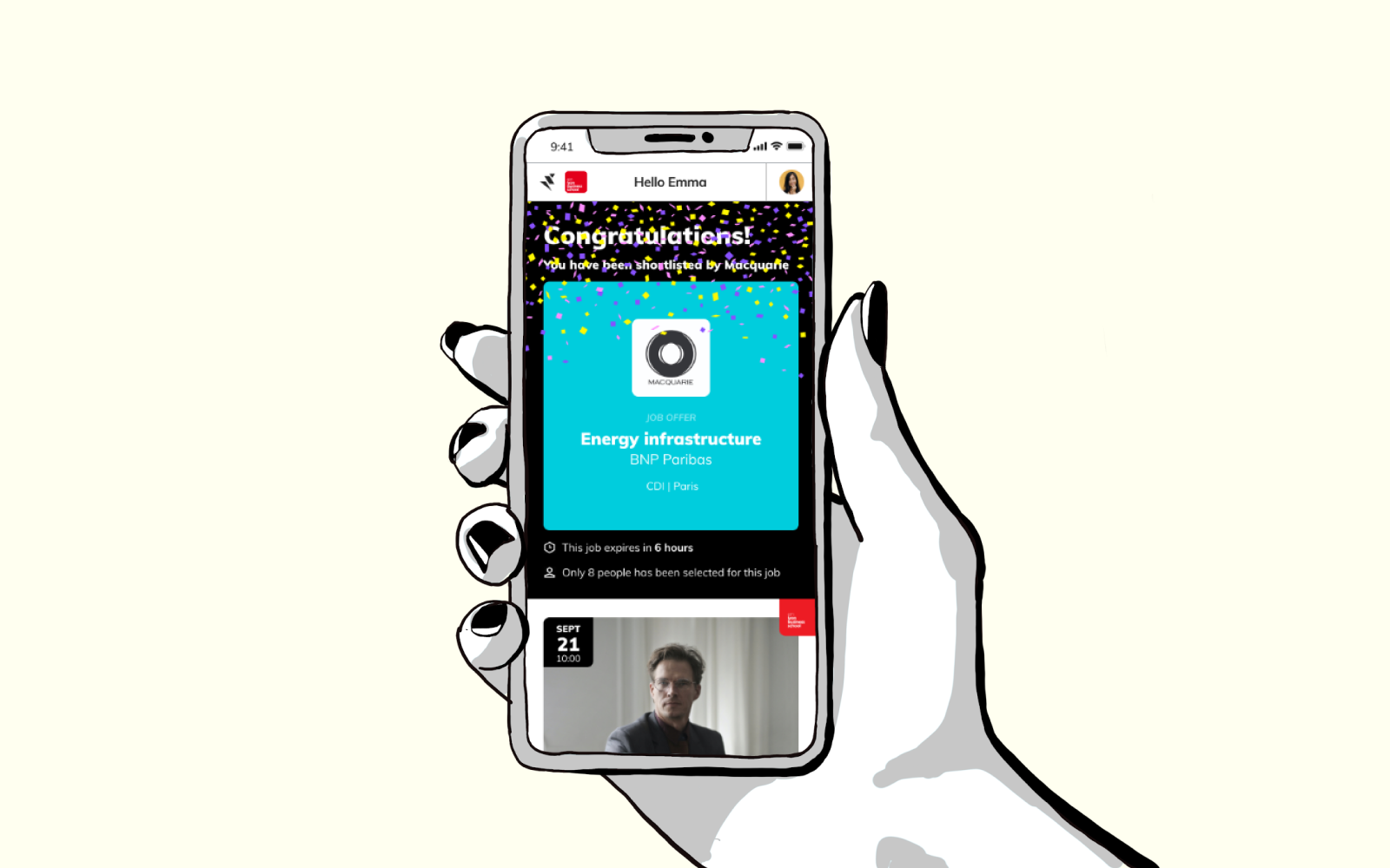 A hand holding a phone showing a JobTeaser shortlist notification